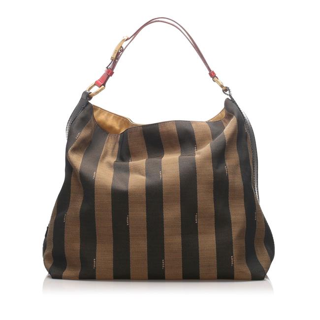 Fendi Pequin Canvas Brown Leather Shoulder Bag 