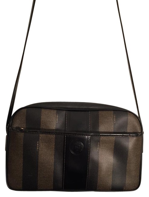Fendi Pequin Handbag Black Stripe Leather Shoulder Bag 