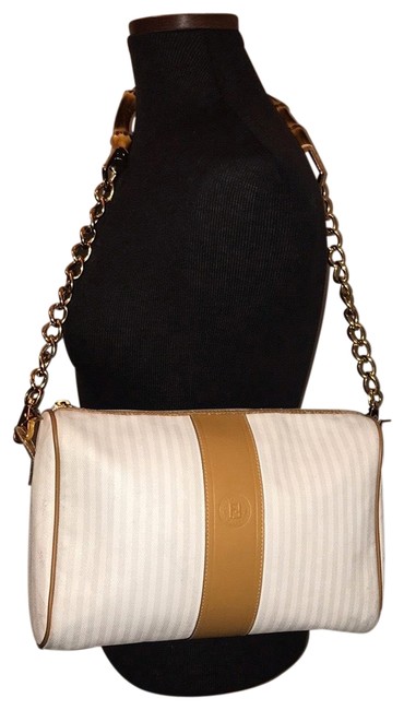 Fendi Pequin Stripped Vintage Cream Coated Canvas Shoulder Bag 