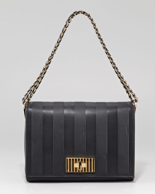 Fendi Pequin Tonal Stripe Black Leather Shoulder Bag 