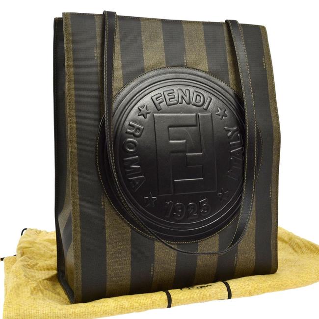 Fendi Tote Pequin Brown Canvas Leather Shoulder Bag 