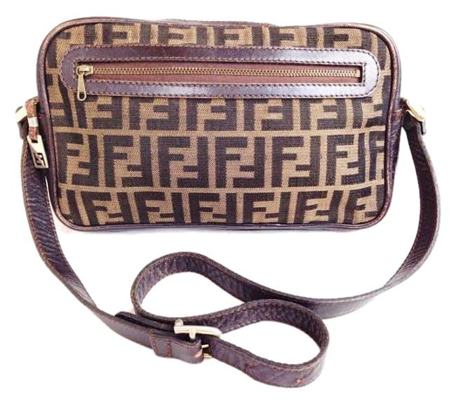 Fendi Purse Italy Brown Zucca Canvas Leather Shoulder Bag 