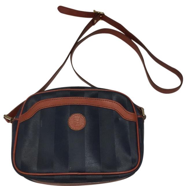 Fendi Roma Italy 1925 A00094 Navy Brown Coated Canvas and Leather Shoulder Bag 