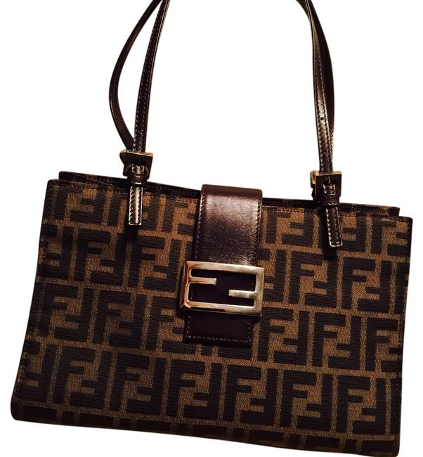Fendi Satchel Shoulder Light and Dark Brown Leather Canvas Shoulder Bag 