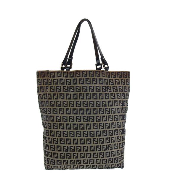 Fendi Shopper Tote Navy Blue and Beige Zucca Canvas Leather Shoulder Bag 