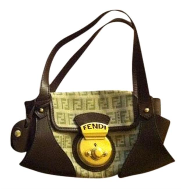 Fendi "Zucca" Brown Tan with Olive Green Canvas Leather Shoulder Bag 