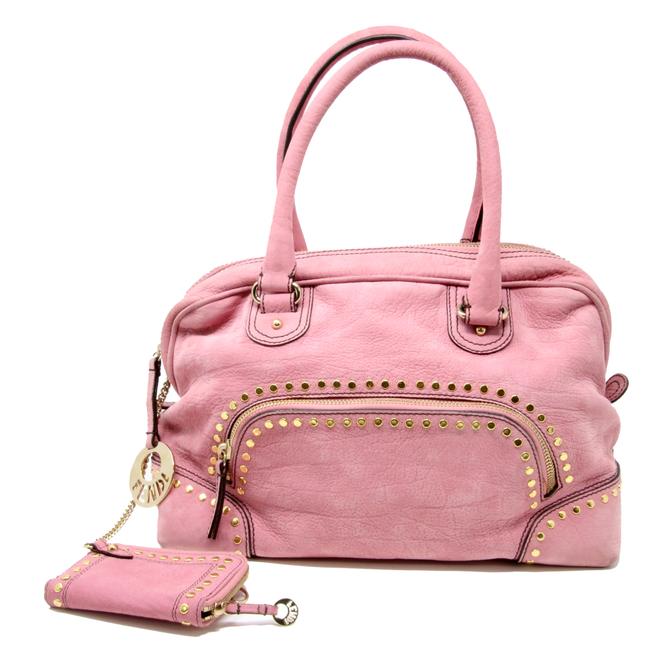 Fendi Signature Gold tone Studded Handbag Pink Suede Leather Shoulder Bag 