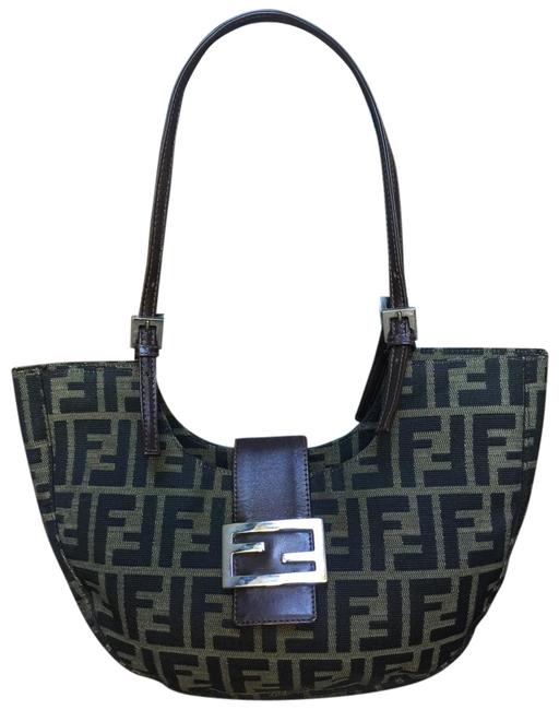 Fendi Signature Logo Handbag Brown Canvas Leather Trim Shoulder Bag 