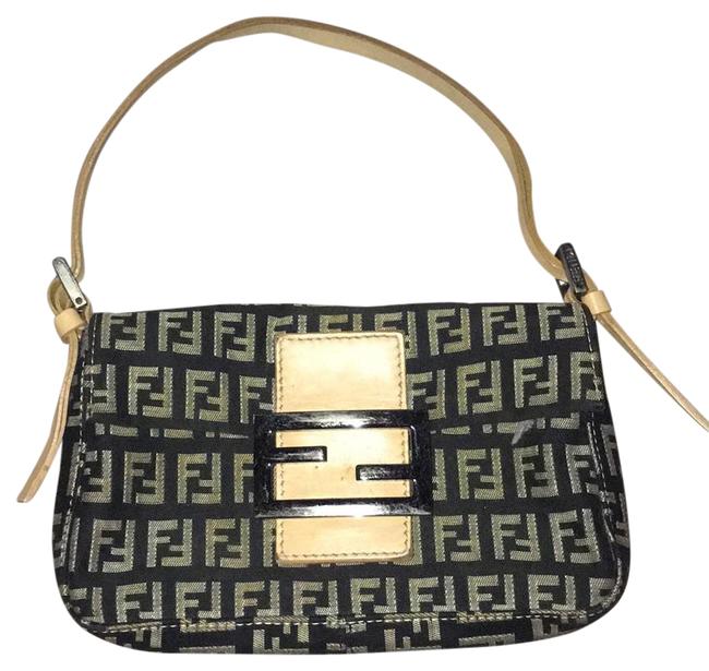 Fendi Signature Small Black  Beige Leather Fabric Shoulder Bag 