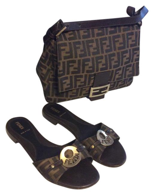 Fendi Size 8 Shoe Brown Canvas &amp; Leather Trim Shoulder Bag 