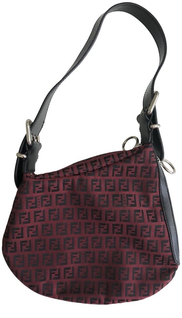 Fendi Small Zucchini Ostrik Black and Red Canvas Leather Shoulder Bag 