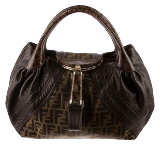 Fendi Spy Brown and Zucca Print Leather Canvas Shoulder Bag 