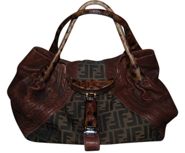 Fendi Spy Brown Nappa Leather and Zucca Monogram Shoulder Bag 