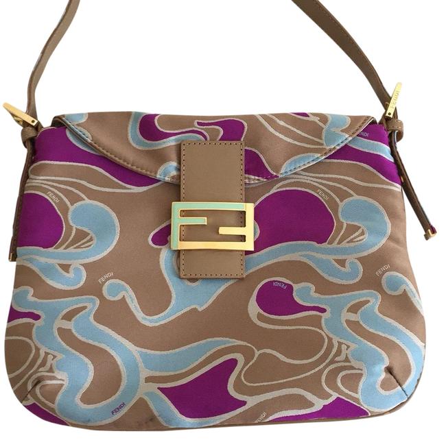 Fendi Tan  Blue  Purple Fabric  Leather Shoulder Bag 