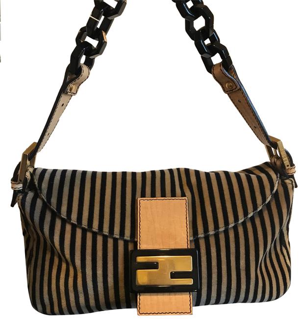 Fendi Flap Tan Plastic Chain Strain Striped Velvet Shoulder Bag 