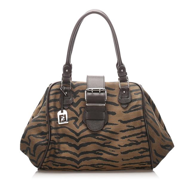 Fendi Tiger Print Canvas Handbag Brown Leather Shoulder Bag 