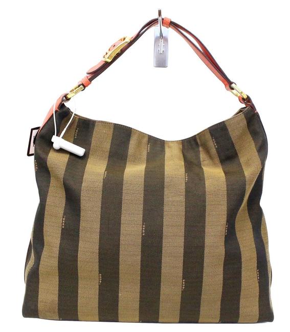 Fendi Hobo Tobacco and Red Leather Pequin Stripe Canvas Shoulder Bag 