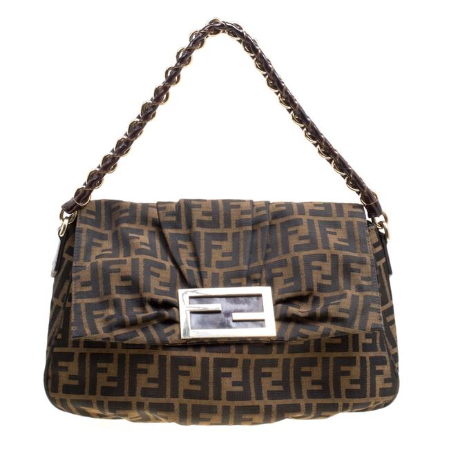 Fendi Tobacco Zucca Mia Flap Canvas Shoulder Bag 