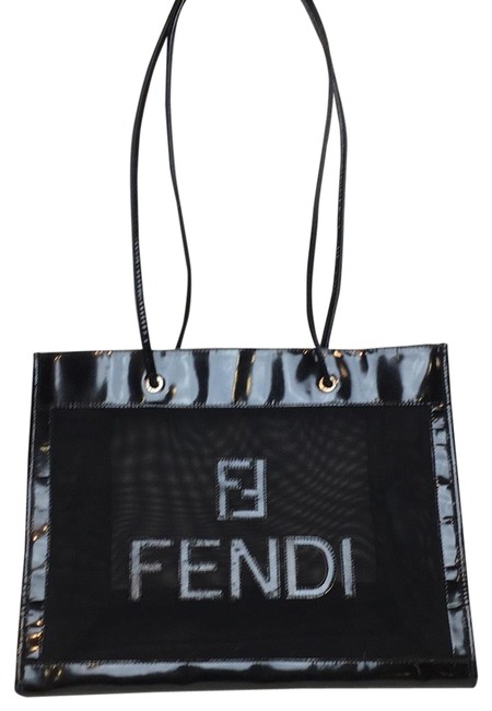 Fendi Tote Mesh Black Patent Leather Shoulder Bag 