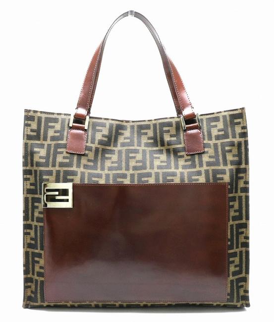 Fendi Tote Zunda Pattern Dark Brown   Khaki Brown Canvas   Leather Shoulder Bag 