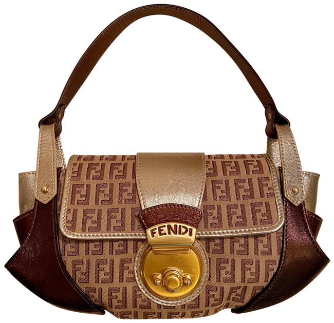 Fendi Tuc Zucchino Metallic Baguette Brown Canvas and Leather Shoulder Bag 