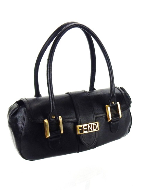 Fendi Vintage Barrel Tote Black Leather Shoulder Bag 