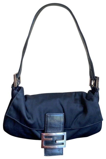 Fendi Vintage Mama Baguette Small Handbag Black Fabric Leather Shoulder Bag 