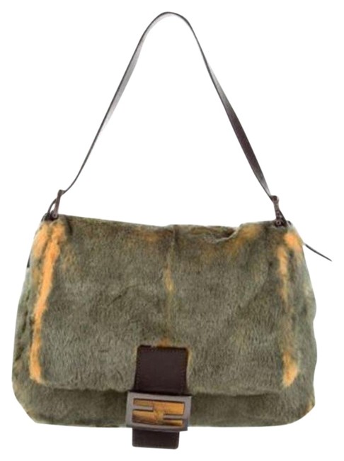 Fendi Vintage Mama Forever Logo Purse Green Yellow Rabbit Fur Shoulder Bag 