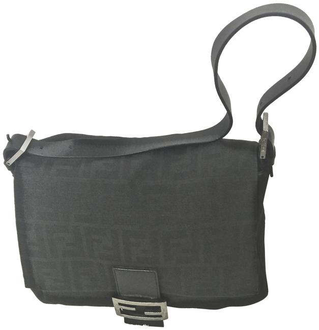 Fendi Vintage Monogram Logo Black Leather Strap Canvas Shoulder Bag 