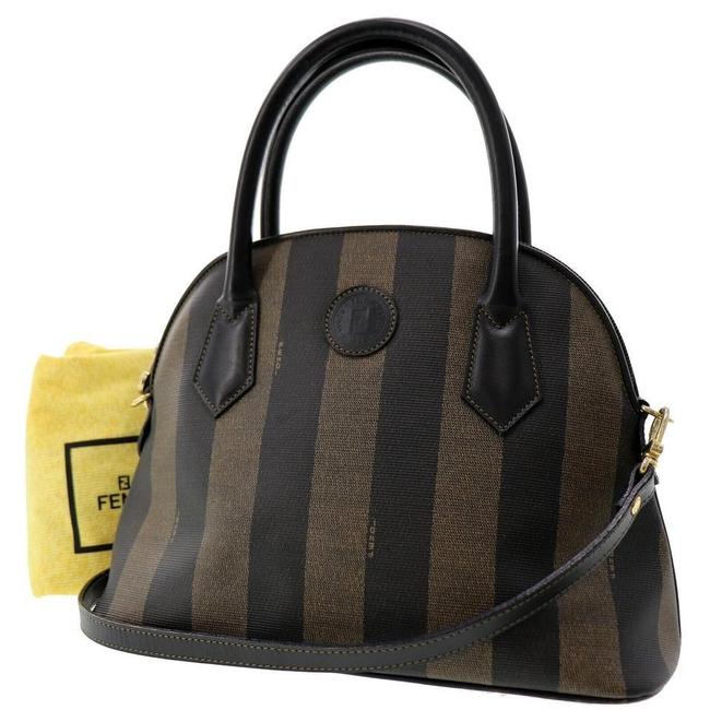 Fendi Vintage Striped Black Leather 8332 Brown Pequin Canvas Shoulder Bag 