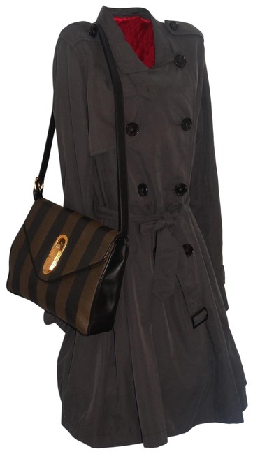 Fendi Vintage Striped Leather Black Pequin Canvas Shoulder Bag 