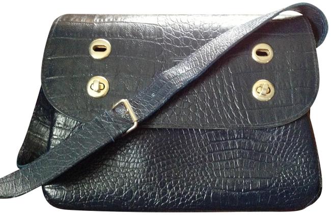 Fendi Vintage Thick Croc Navy Blue Leather Embossed Shoulder Bag 