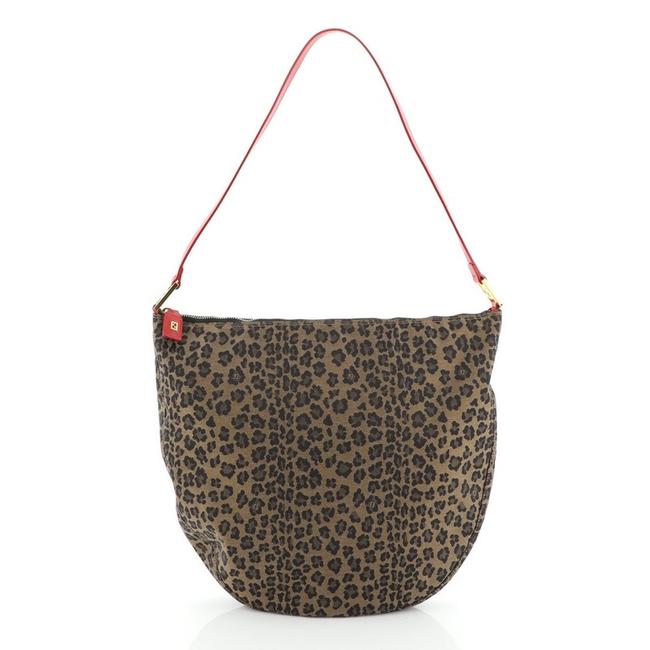 Fendi Vintage Zip Leopard Print Jacquard Medium Brown Canvas Shoulder Bag 