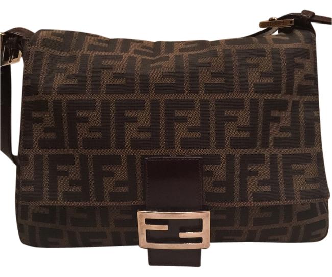 Fendi Vintage Zucca Twill Mama Brown Canvas  Leather Shoulder Bag 