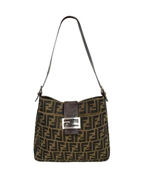 Fendi W Zucca Monogram W  Logo Buckle Tobacco Canvas Shoulder Bag 