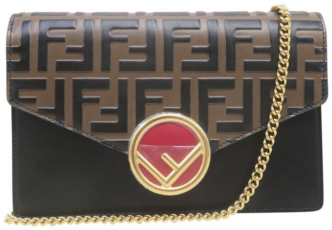 Fendi Wallet on Chain Kan I Ff Logo Embossed Black and Brown Calfskin Leather Shoulder Bag 
