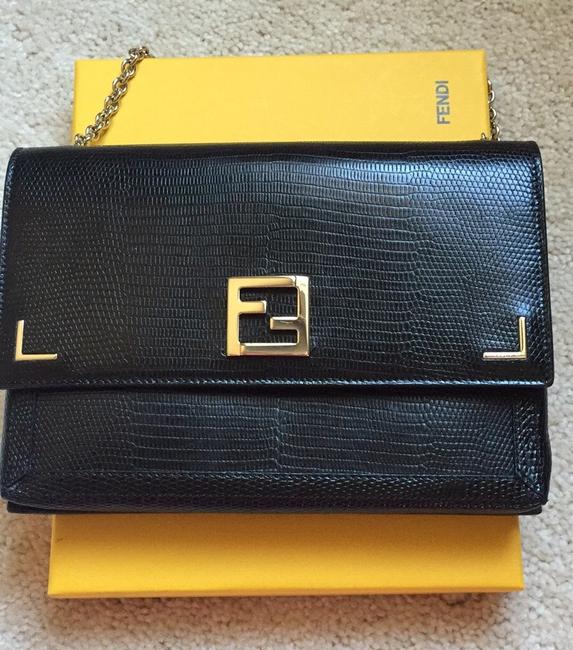Fendi Wallet on Chain Embossed Black Leather Shoulder Bag 