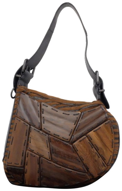 Fendi Hobo Wooden Patchwork Kidney Bean 230998 Brown Wool Shoulder Bag 