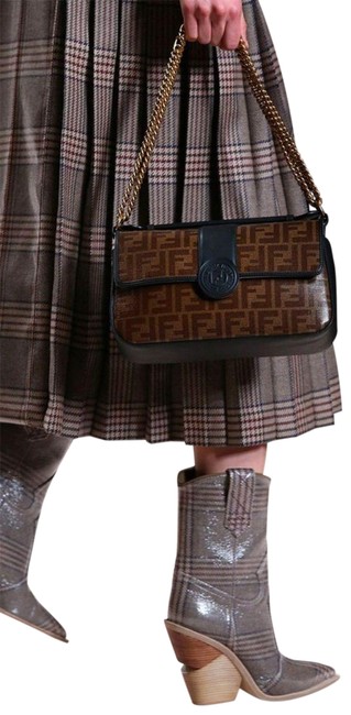 Fendi Wt 1974 Ff Brown Black Leather Shoulder Bag 