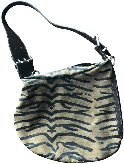 Fendi Zebra printed Jacquard Oyster Brown Canvas Leather Shoulder Bag 