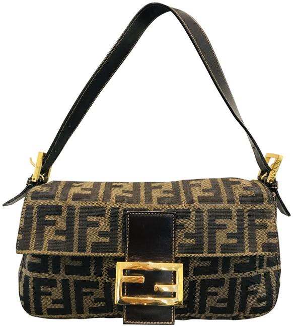 Fendi Zucca Baguette Beige Brown Canvas Shoulder Bag 