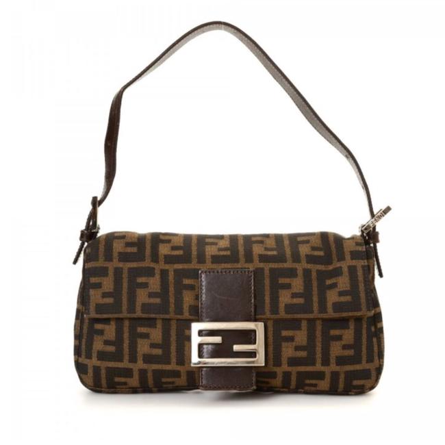 Fendi Zucca Baguette Leather Canvas Shoulder Bag 