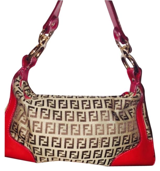 Fendi Zucca Baguette Red and Tan Canvas Leather Shoulder Bag 