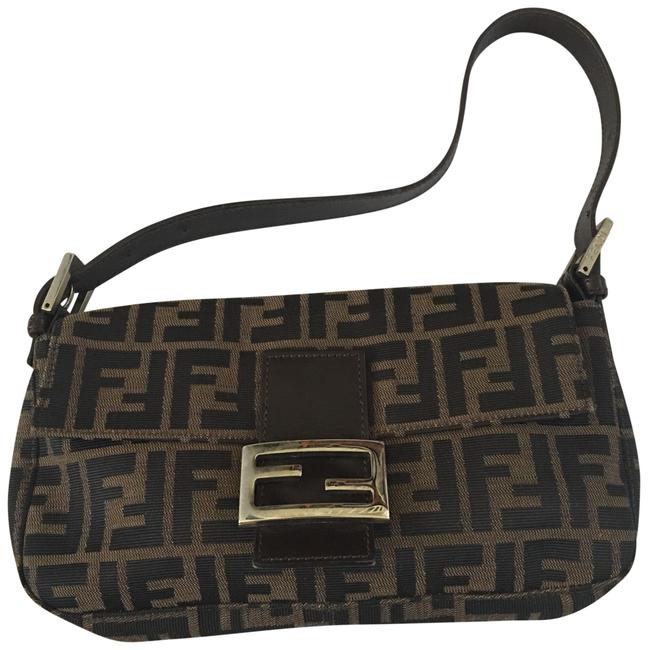 Fendi Zucca Brown Jacquard Baguette Canvas with Leather Trim Shoulder Bag 