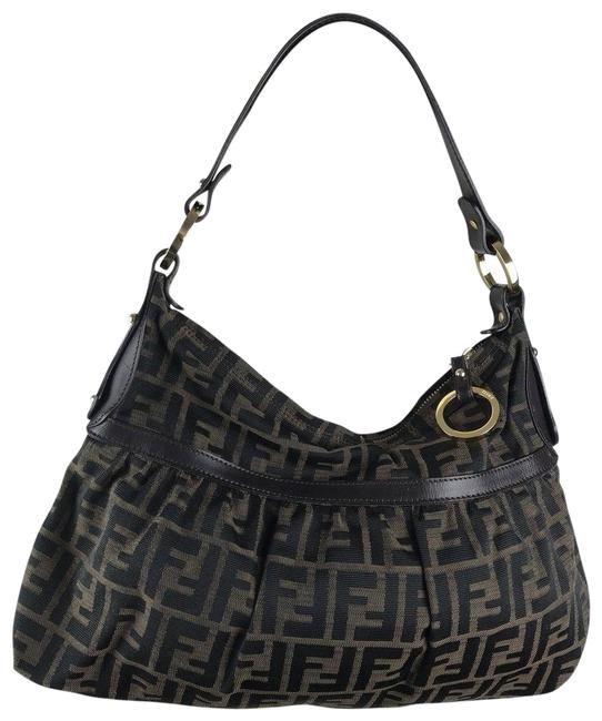Fendi Zucca Brown Leather and Cloth Shoulder Bag 