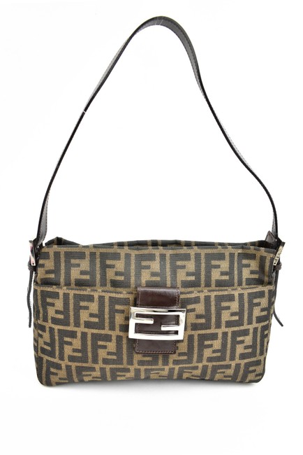 Fendi "Zucca" Brown Leather &amp; "Ff" Logo On Medium Shoulder Bag 