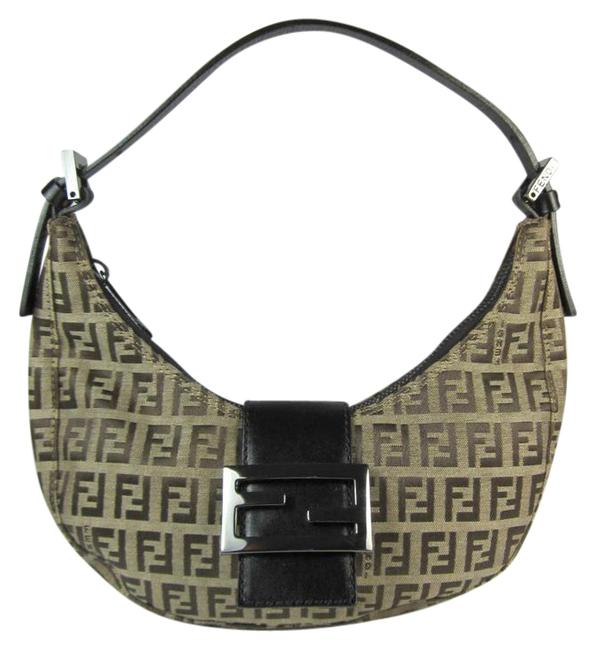 Fendi Zucca Brown Monogram "Ff" Logo Handbag   Leather &amp; Jacquard Shoulder Bag 