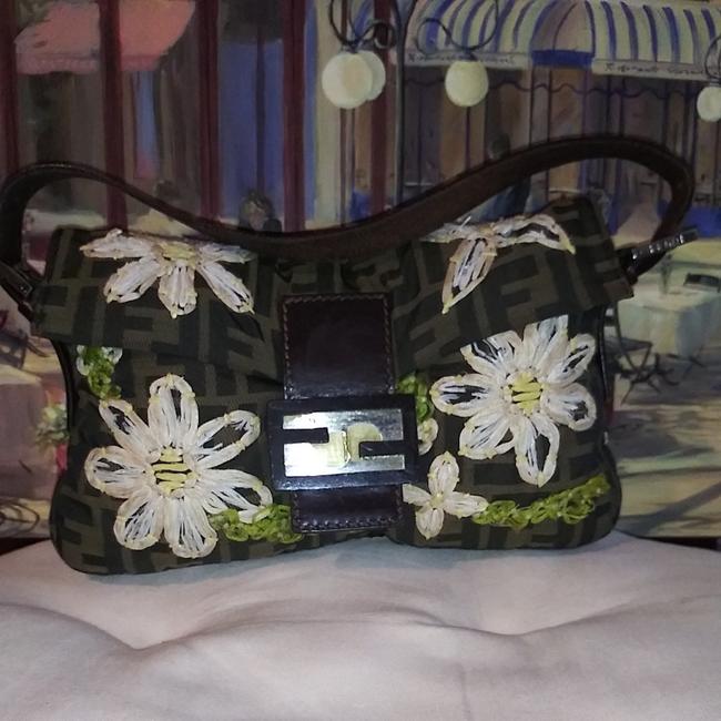 Fendi Zucca Embroidered Baguette Brown Canvas Shoulder Bag 