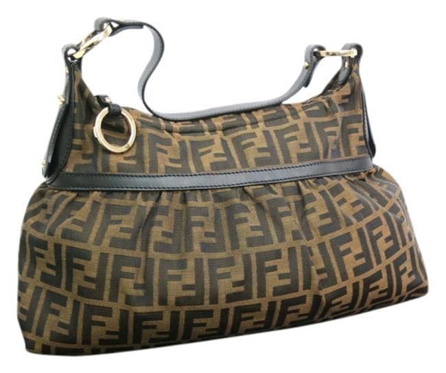 Fendi Zucca Leather Canvas Black Brown Leather Canvas Shoulder Bag 