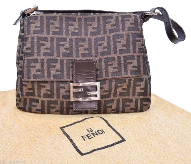 Fendi Zucca Monogram Cotton Handbag Purse Brown Canvas Shoulder Bag 